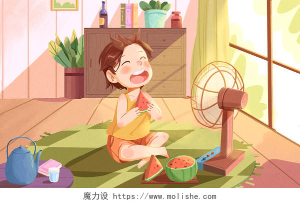 吃西瓜小男孩夏天卡通人物室内吃西瓜JPG素材大暑节气炎热